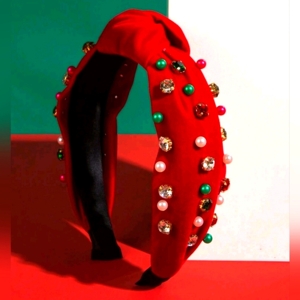 Red velvet headbands with stones and pearls